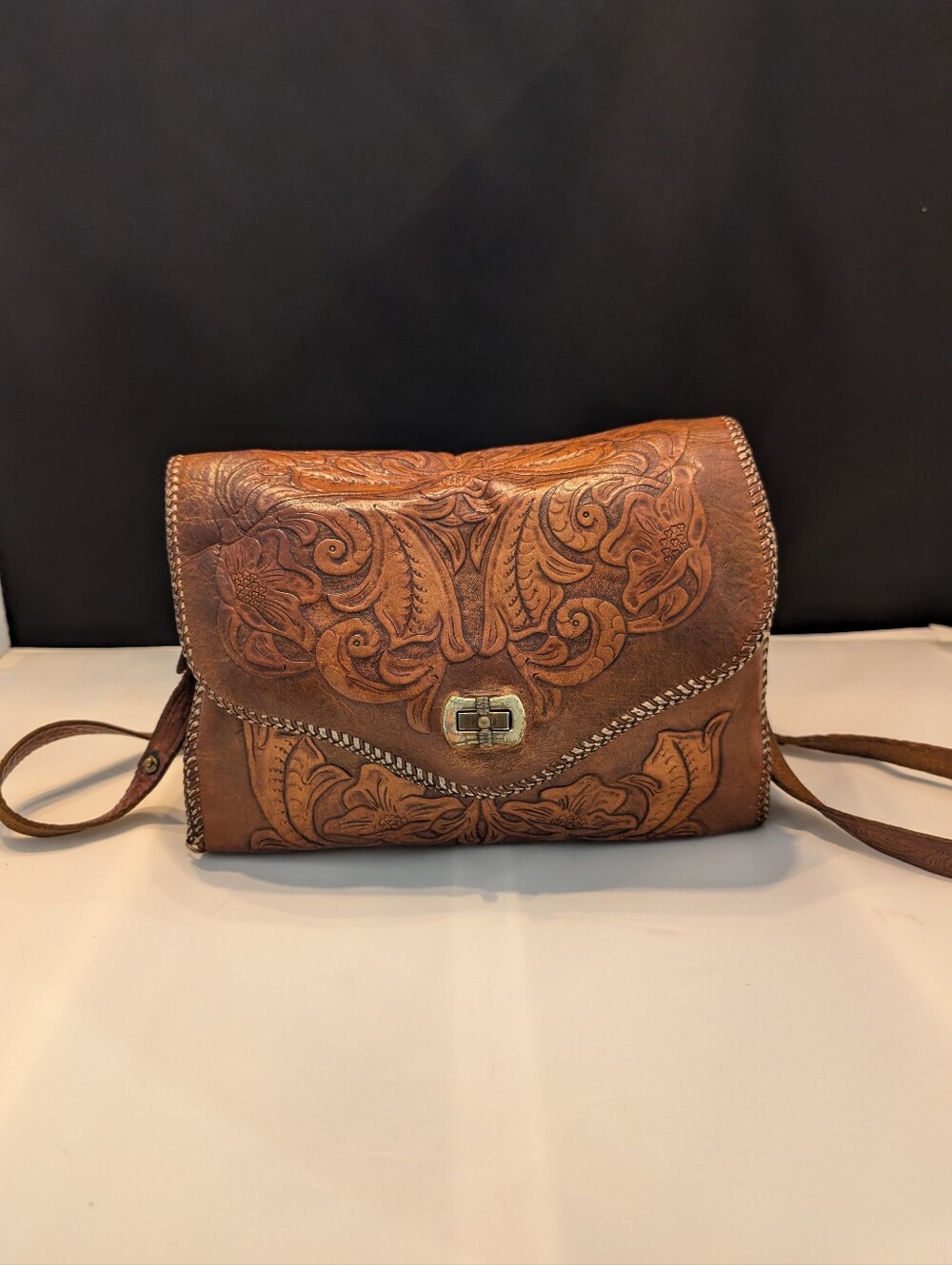 Vintage Hand Tooled Leather Floral Crossbody Bag Western Boho Purse